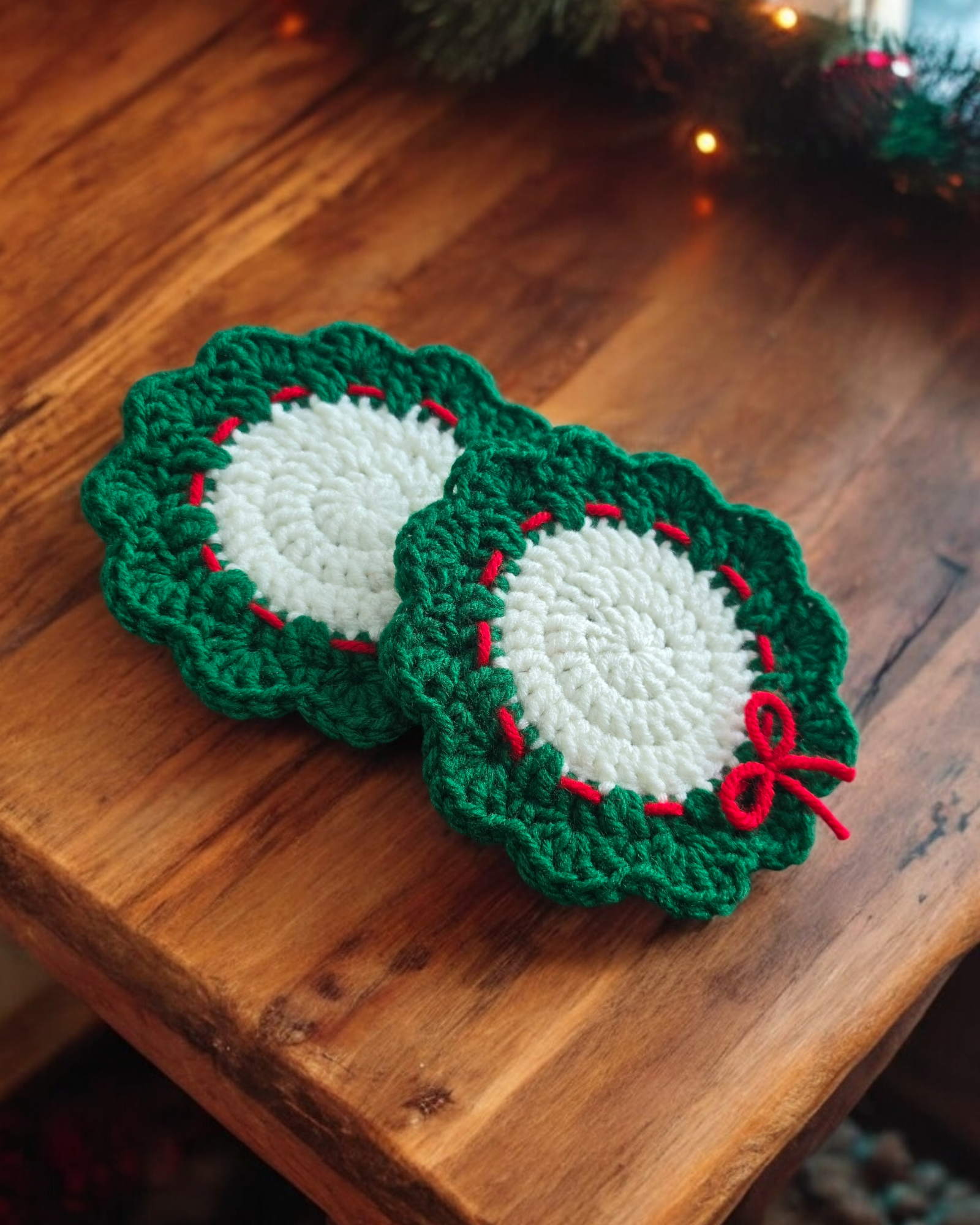 Crochet Christmas Coasters - Red, White, Green, Handmade, Holiday Décor, Round, Set of 4