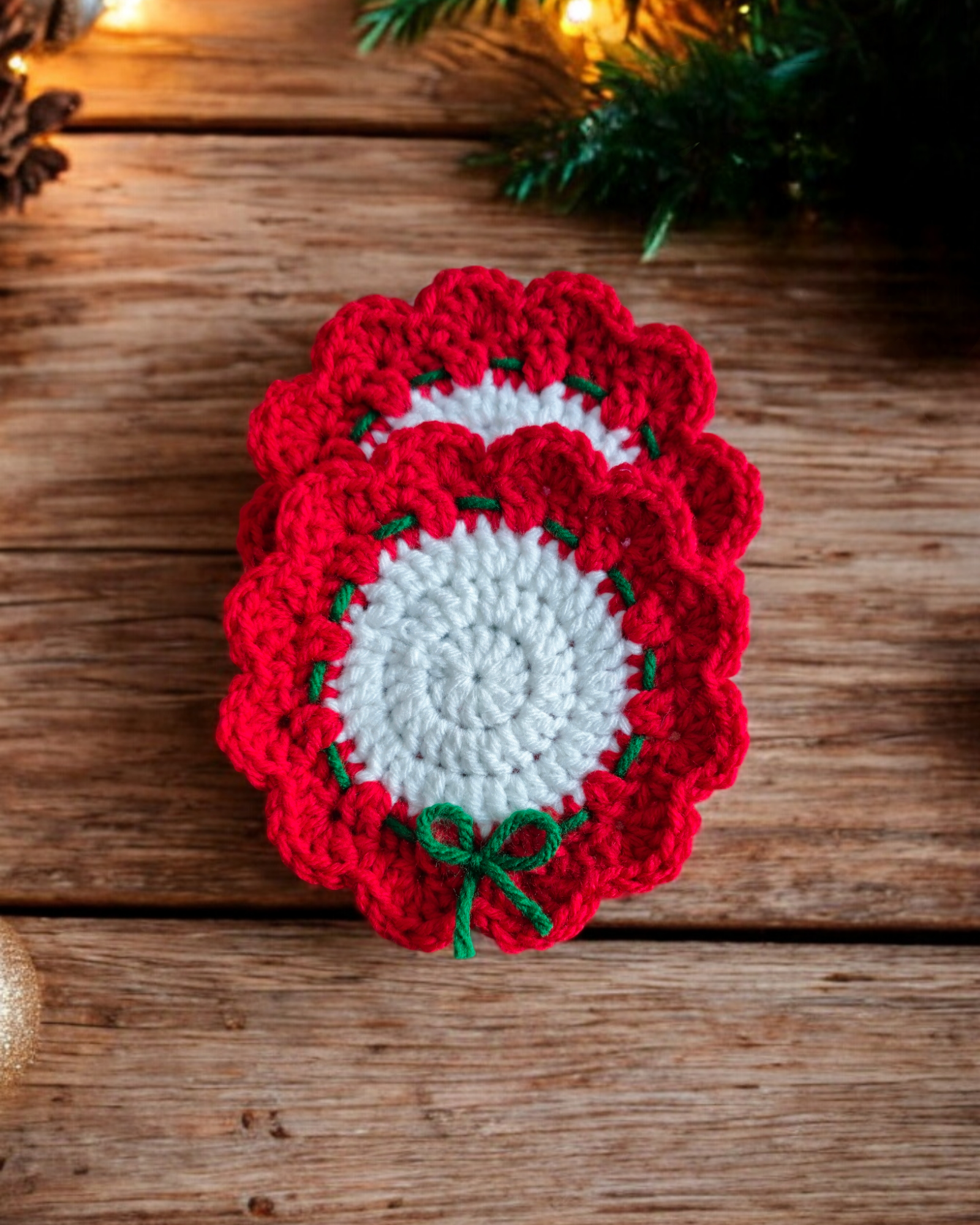 Crochet Christmas Coasters - Red, White, Green, Handmade, Holiday Décor, Round, Set of 4