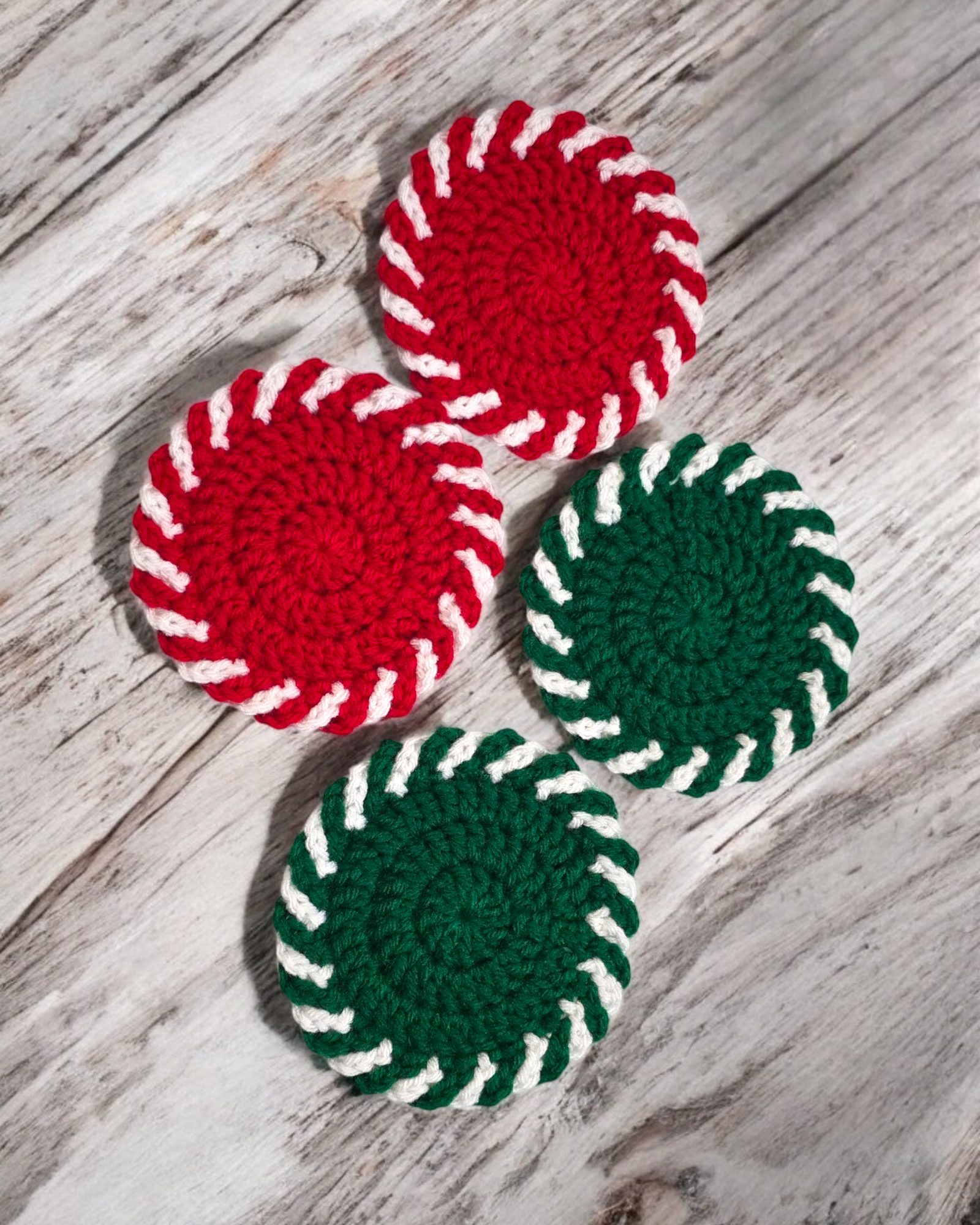 Crochet Coasters Set of 4 - Red & Green Peppermint Swirl Design, Handmade Decor, Holiday Table Accessories