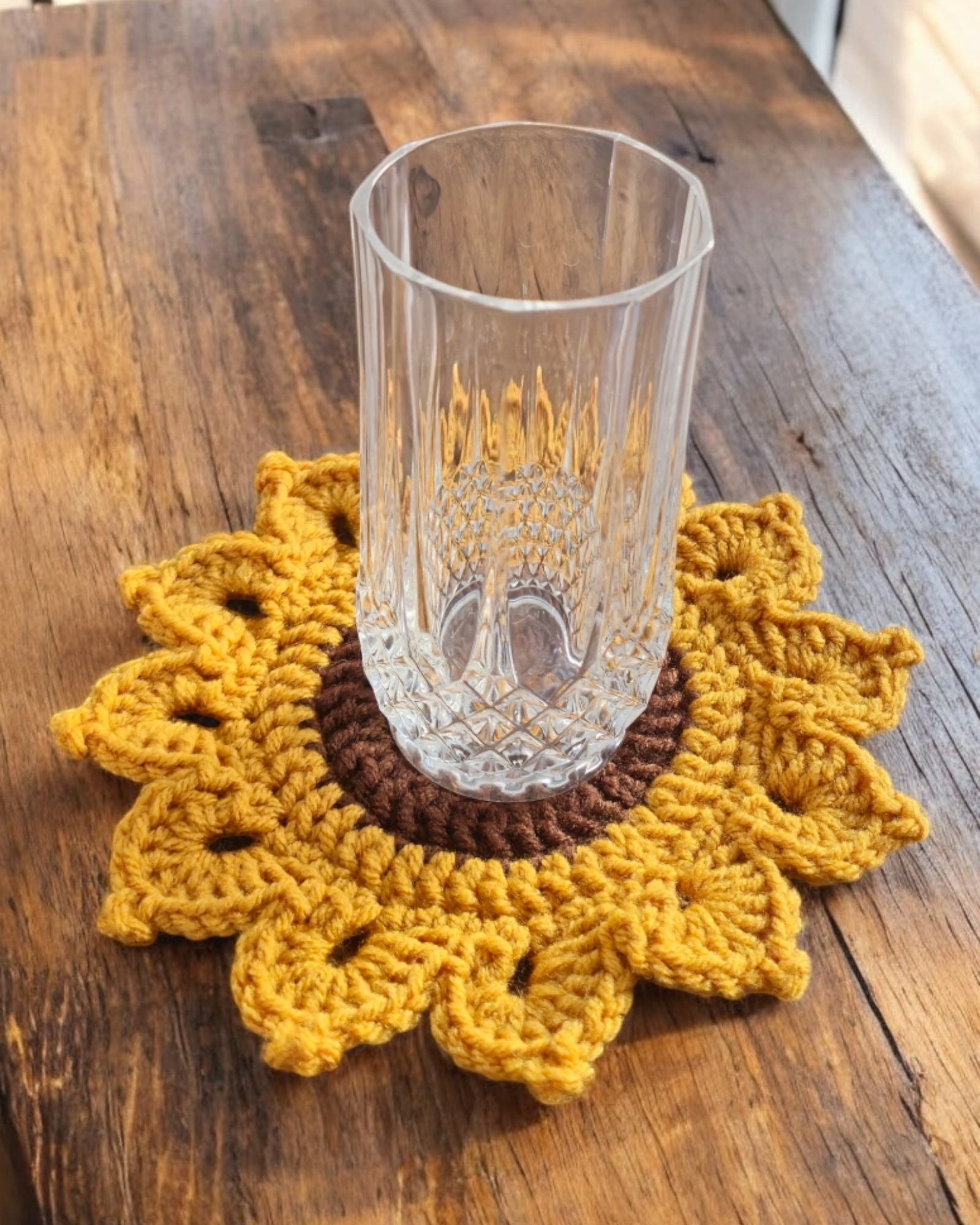 Sunflower Crochet Coaster - Handmade, Brown & Gold, 7-Inch Diameter