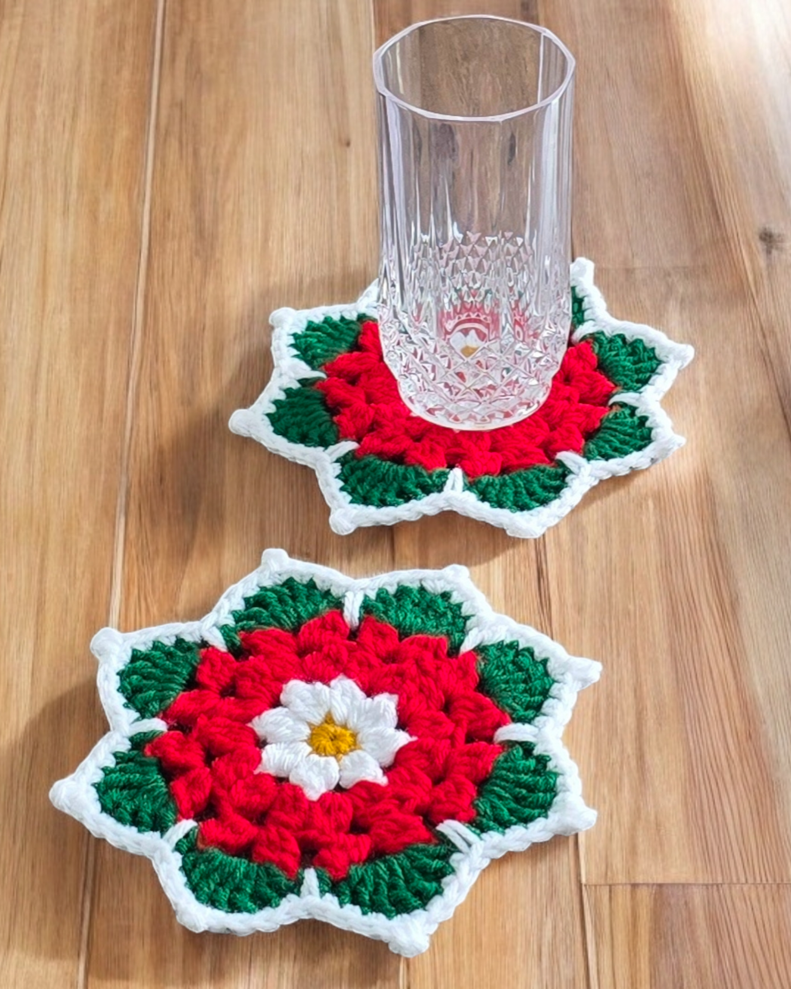 Poinsettia Flower Crochet Coaster Set | Set of 2