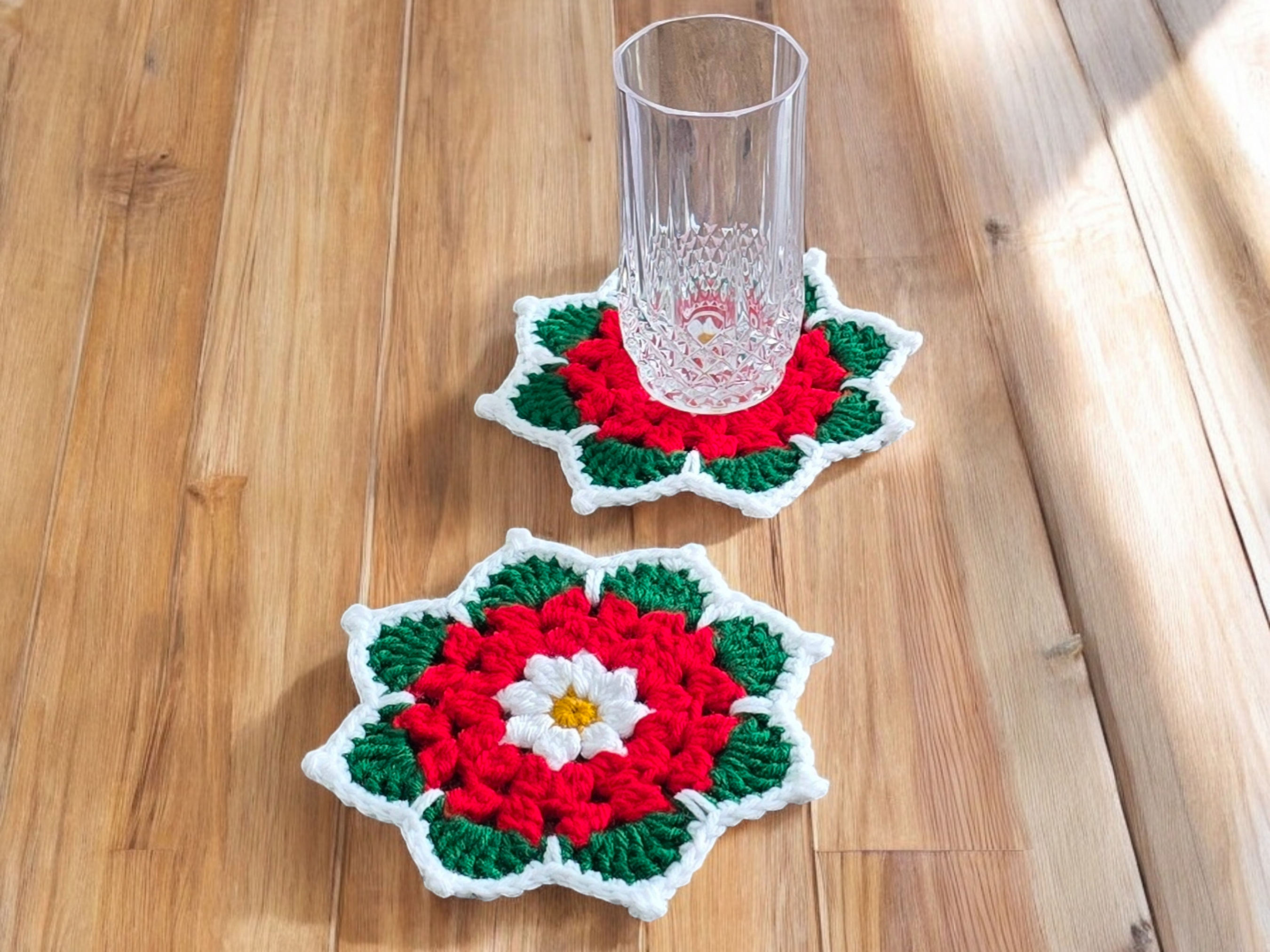 Poinsettia Flower Crochet Coaster Set | Set of 2