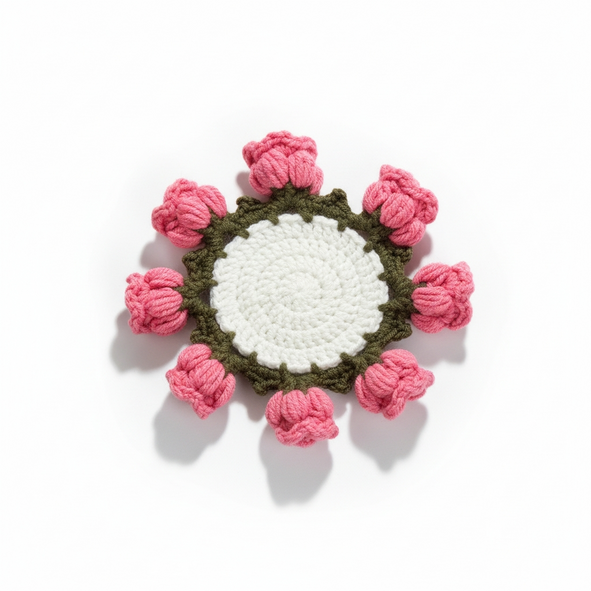 Handmade Crochet Floral Coaster – Pink Rosebud Design | Decorative Mug Coaster