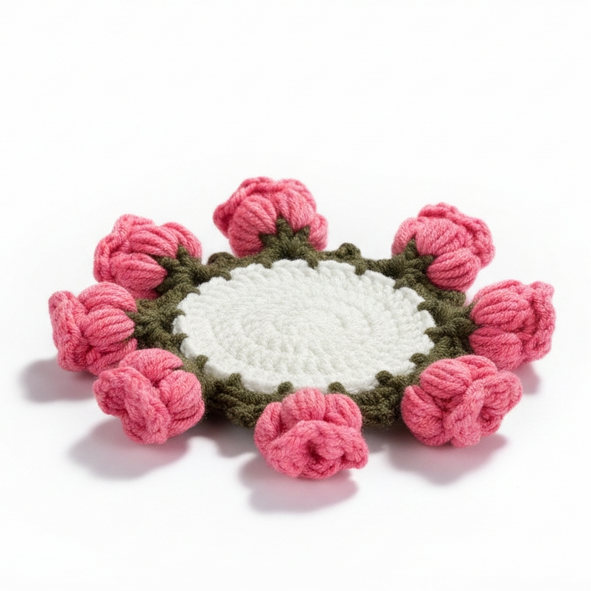 Handmade Crochet Floral Coaster – Pink Rosebud Design | Decorative Mug Coaster