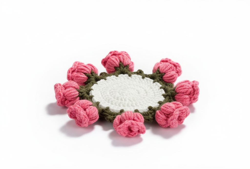 Handmade Crochet Floral Coaster – Pink Rosebud Design | Decorative Mug Coaster