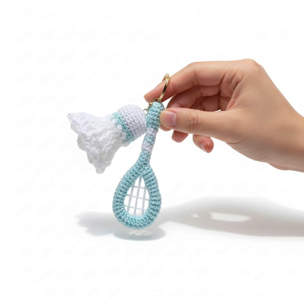 Crochet Badminton Keychain – Handmade Shuttlecock & Racket Charm