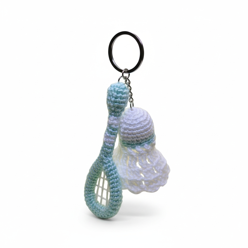 Crochet Badminton Keychain – Handmade Shuttlecock & Racket Charm