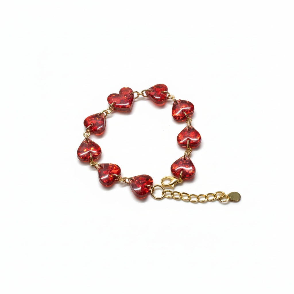 Red Heart Resin Bracelet – Handmade Gold Chain Bracelet