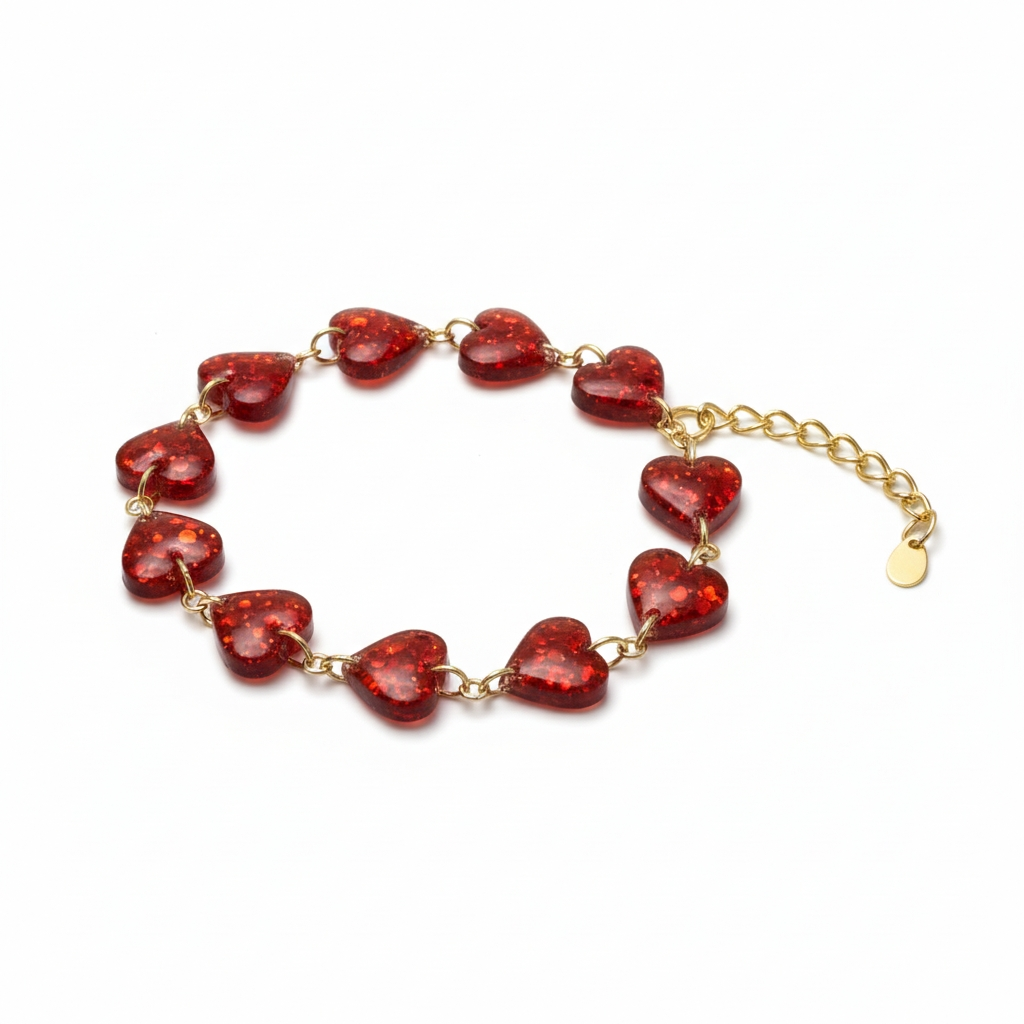 Red Heart Resin Bracelet – Handmade Gold Chain Bracelet