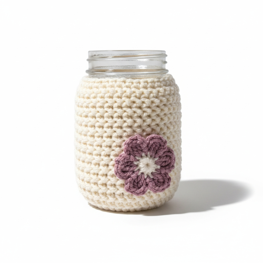 Cream Crochet Mason Jar Cozy with Mauve Flower – Handmade Jar Sleeve
