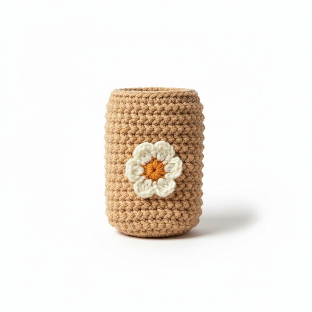 Handmade Beige Crochet Mason Jar Cozy with White Petal Flower – Farmhouse Kitchen & Rustic Table Decor