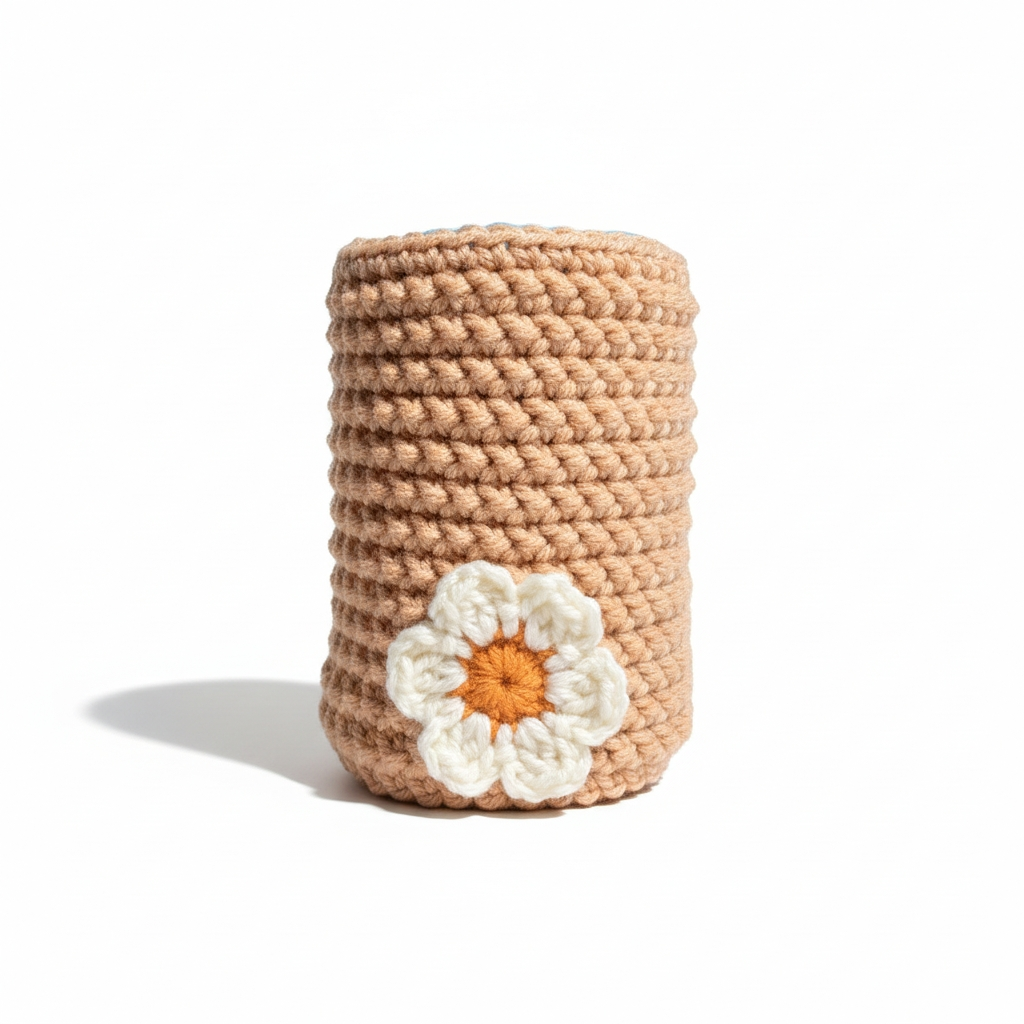 Handmade Beige Crochet Mason Jar Cozy with White Petal Flower – Farmhouse Kitchen & Rustic Table Decor