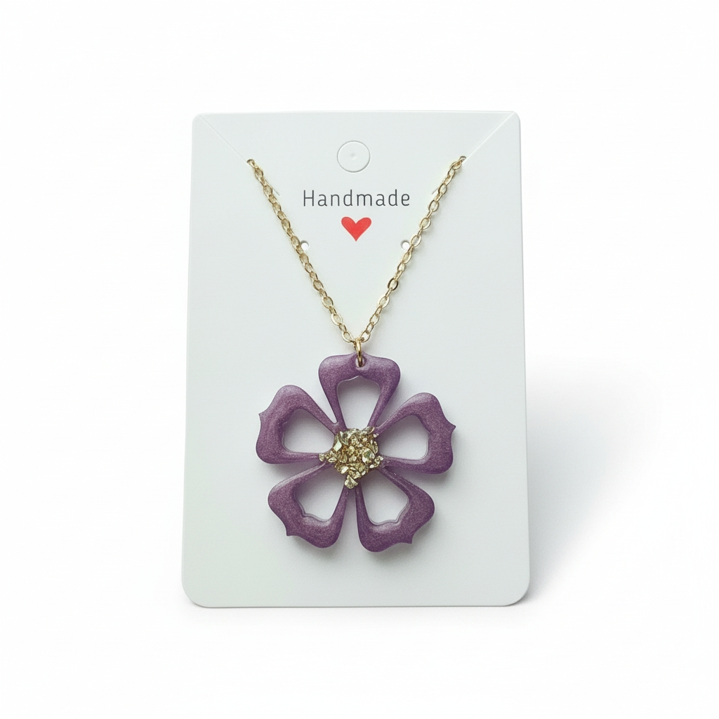 Frillmart Women's Resin Flower Pendant Necklace in Purple with Gold Center and Chain - Elegant 3D Floral Design