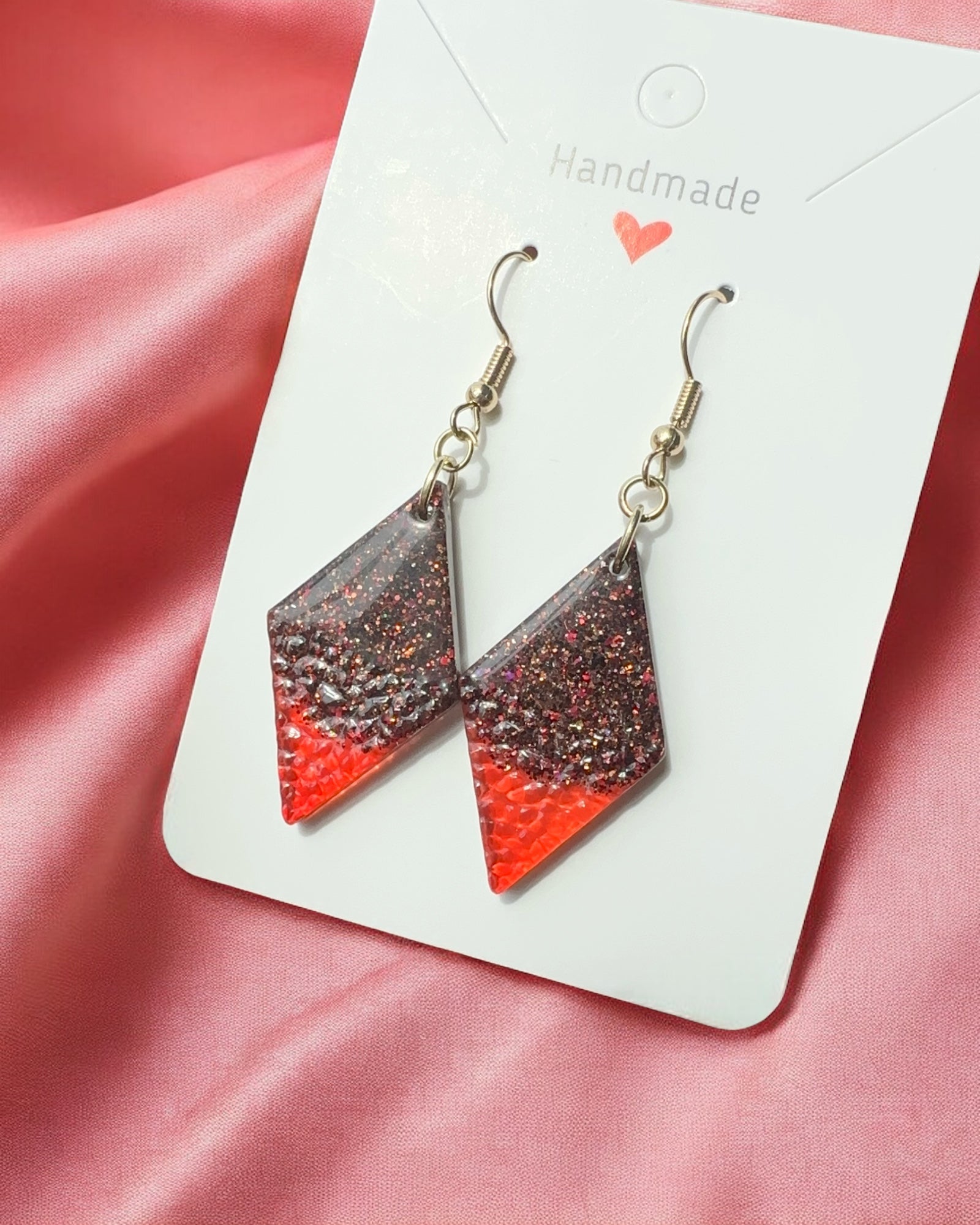 Frillmart Women's Handmade Earrings - Red & Black Glitter Resin Dangle Earrings, Geometric Drop Design