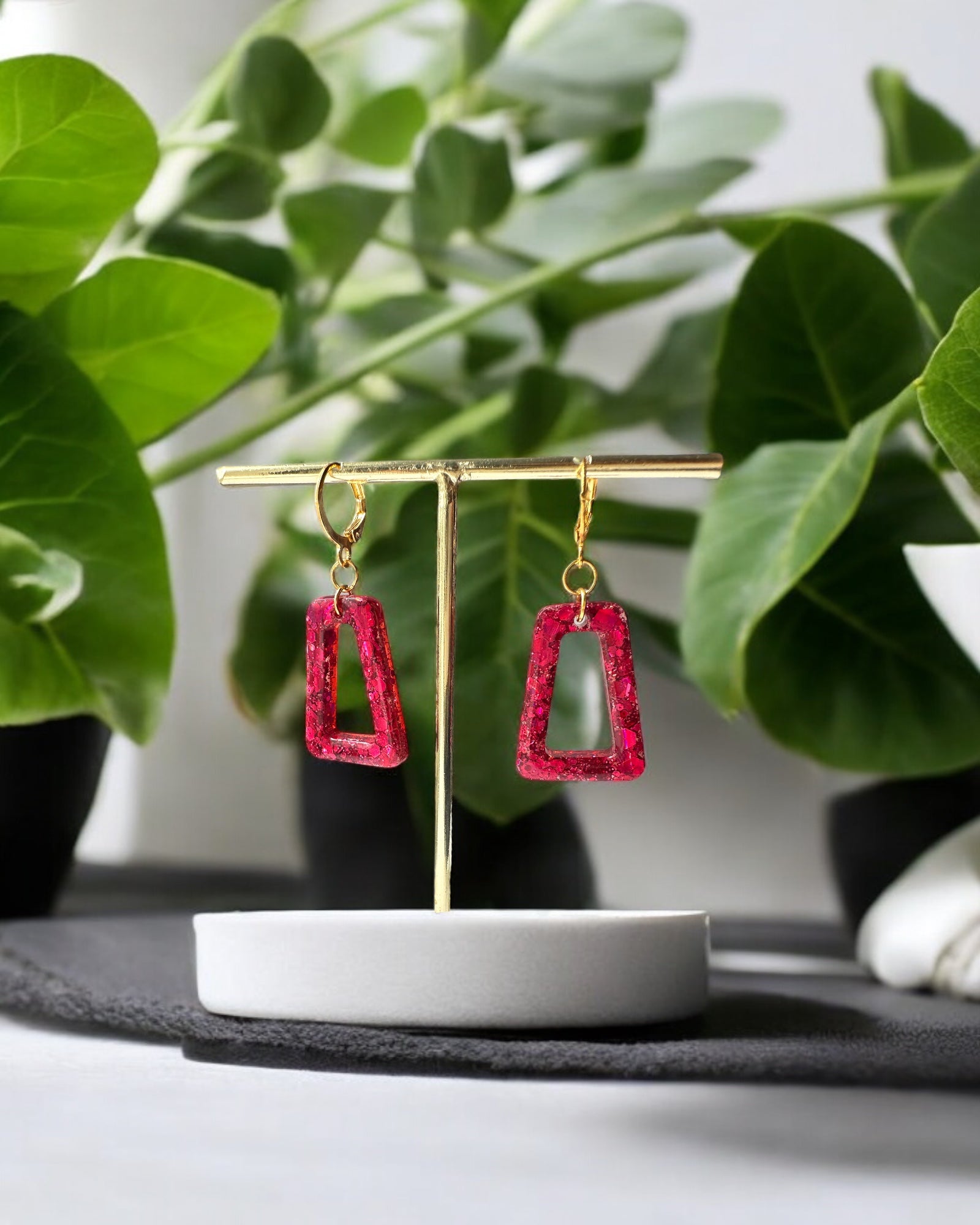 Frillmart Women's Resin Hoop Earrings - Pink Sparkle Geometric Dangle Earrings with Gold Hook, Handmade in Canada