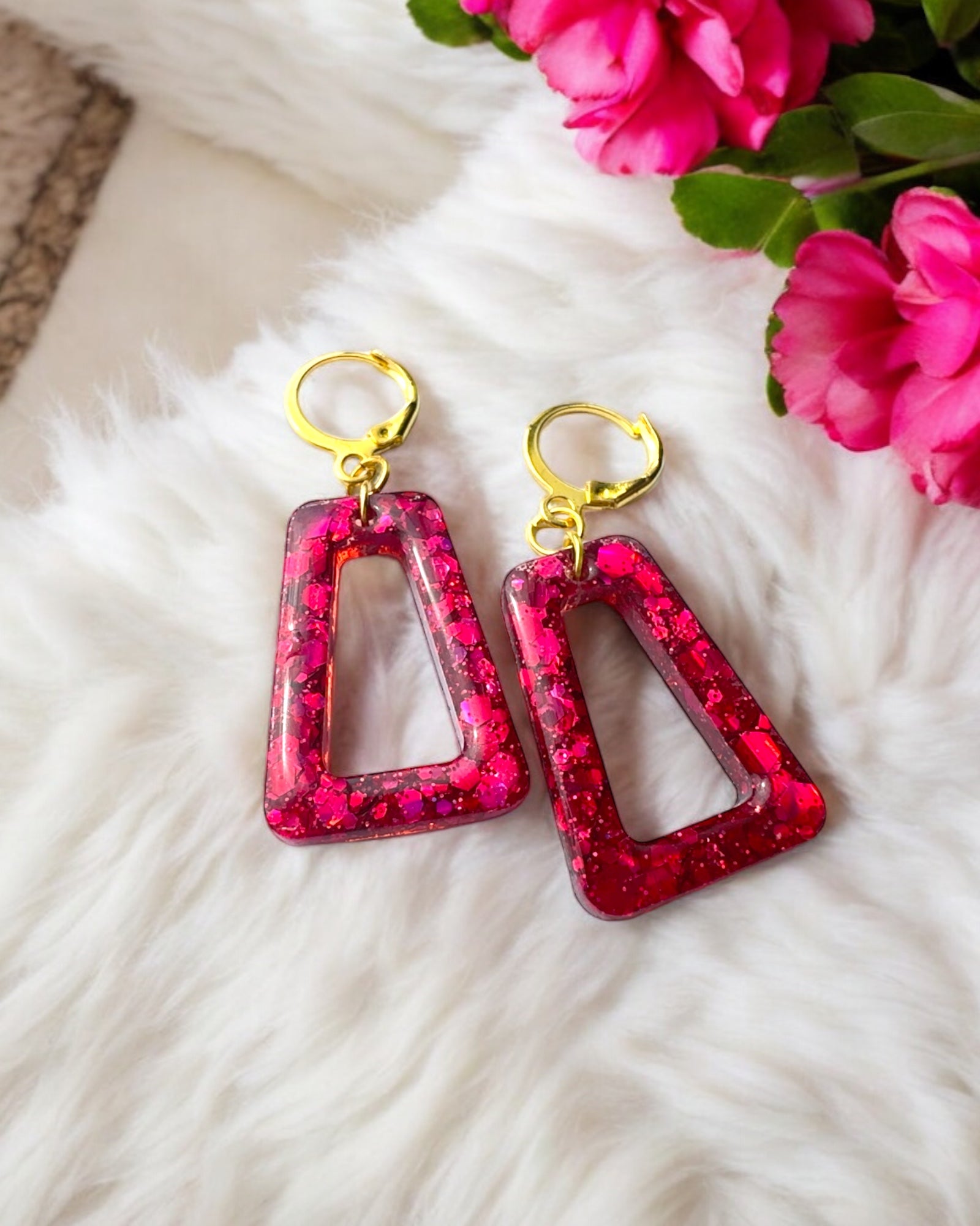 Frillmart Women's Resin Hoop Earrings - Pink Sparkle Geometric Dangle Earrings with Gold Hook, Handmade in Canada