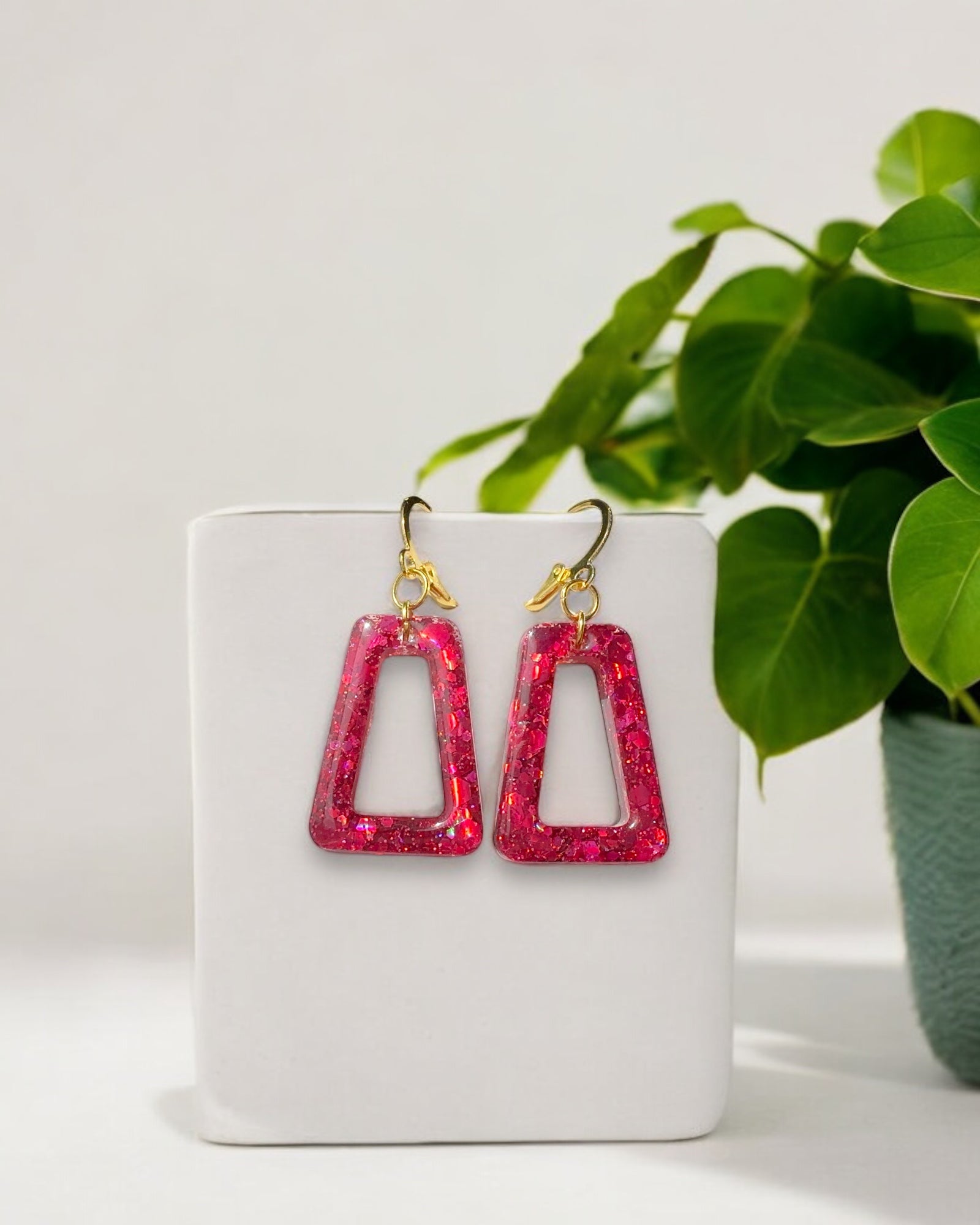 Frillmart Women's Resin Hoop Earrings - Pink Sparkle Geometric Dangle Earrings with Gold Hook, Handmade in Canada