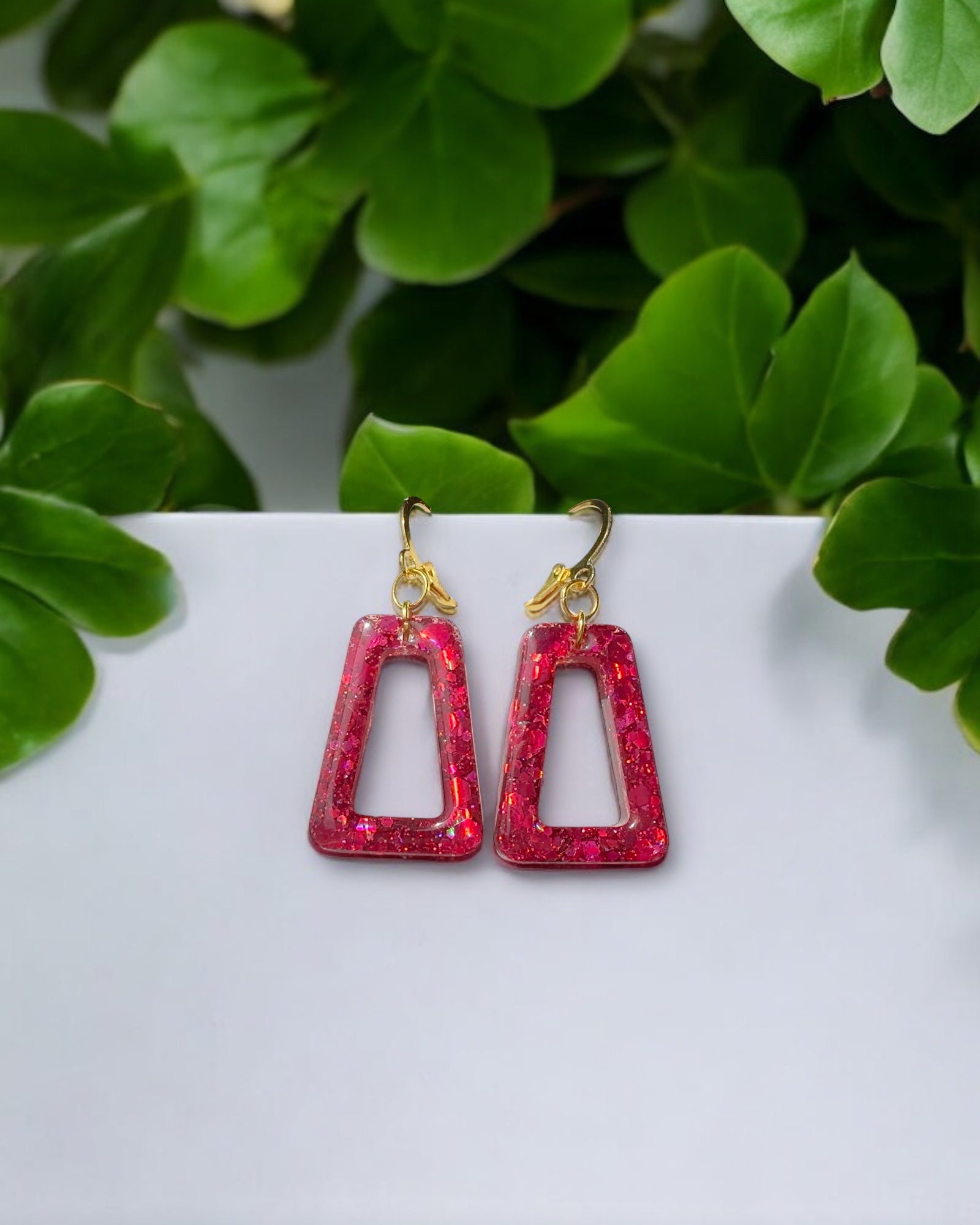 Frillmart Women's Resin Hoop Earrings - Pink Sparkle Geometric Dangle Earrings with Gold Hook, Handmade in Canada