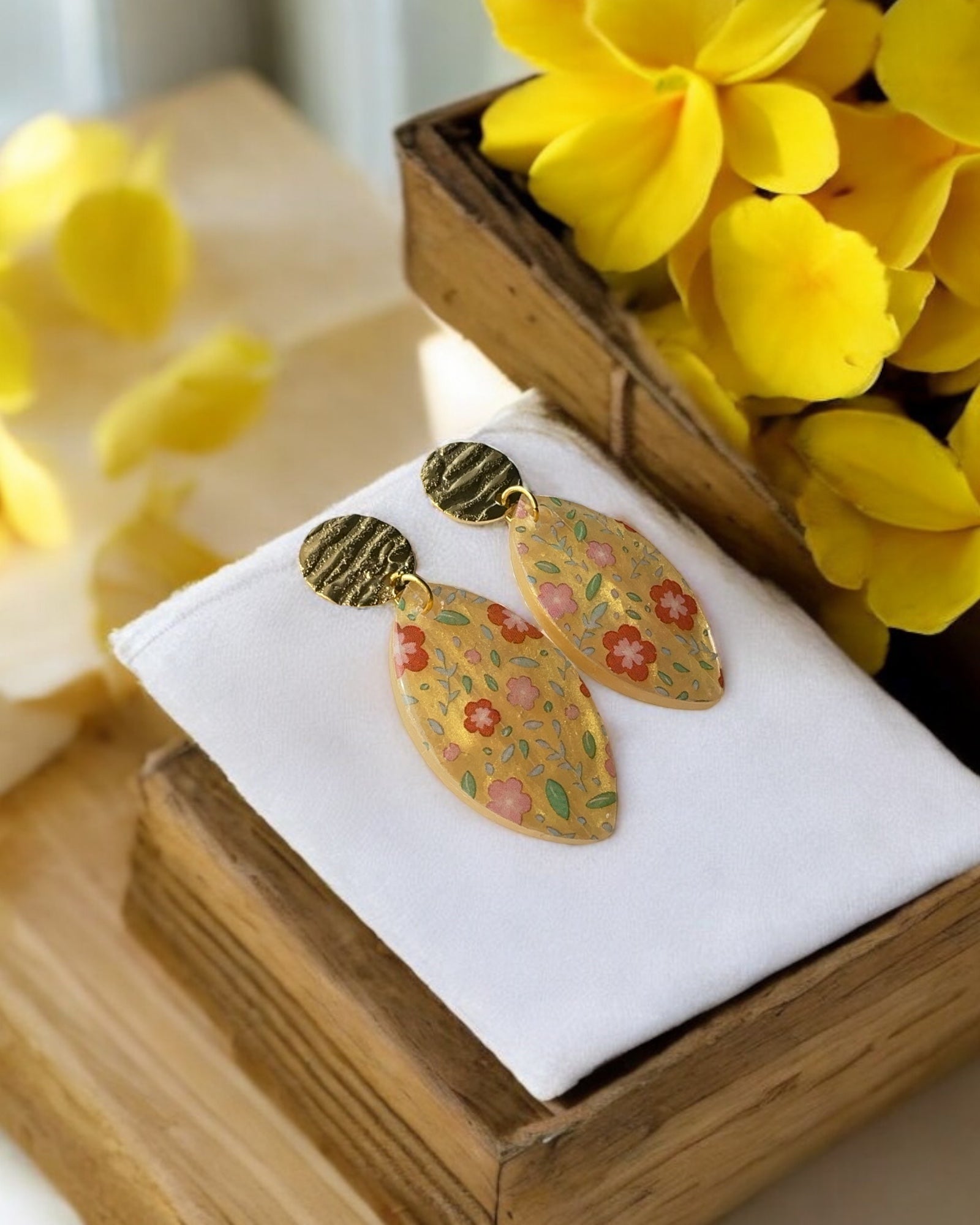 Frillmart Women's Floral Drop Earrings - Yellow Multicolor Flowers, Gold Colour, Lightweight