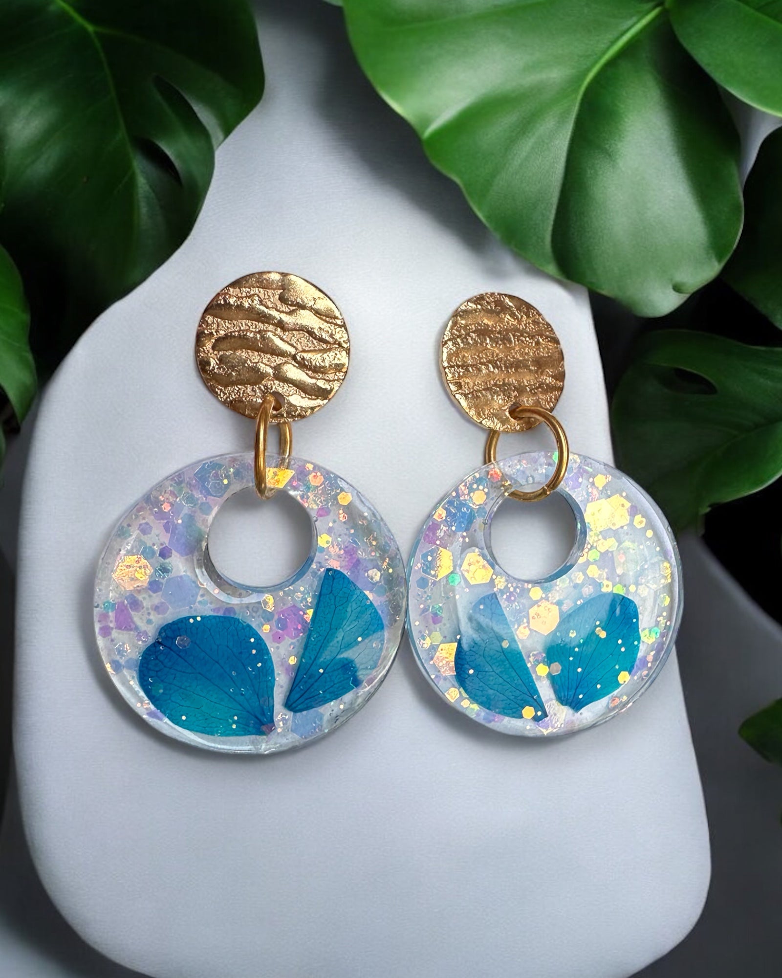 Frillmart Women's Dangle Earrings - Blue Petal Resin, Circular, Gold Accents, Glitter Inclusions, Statement Jewelry