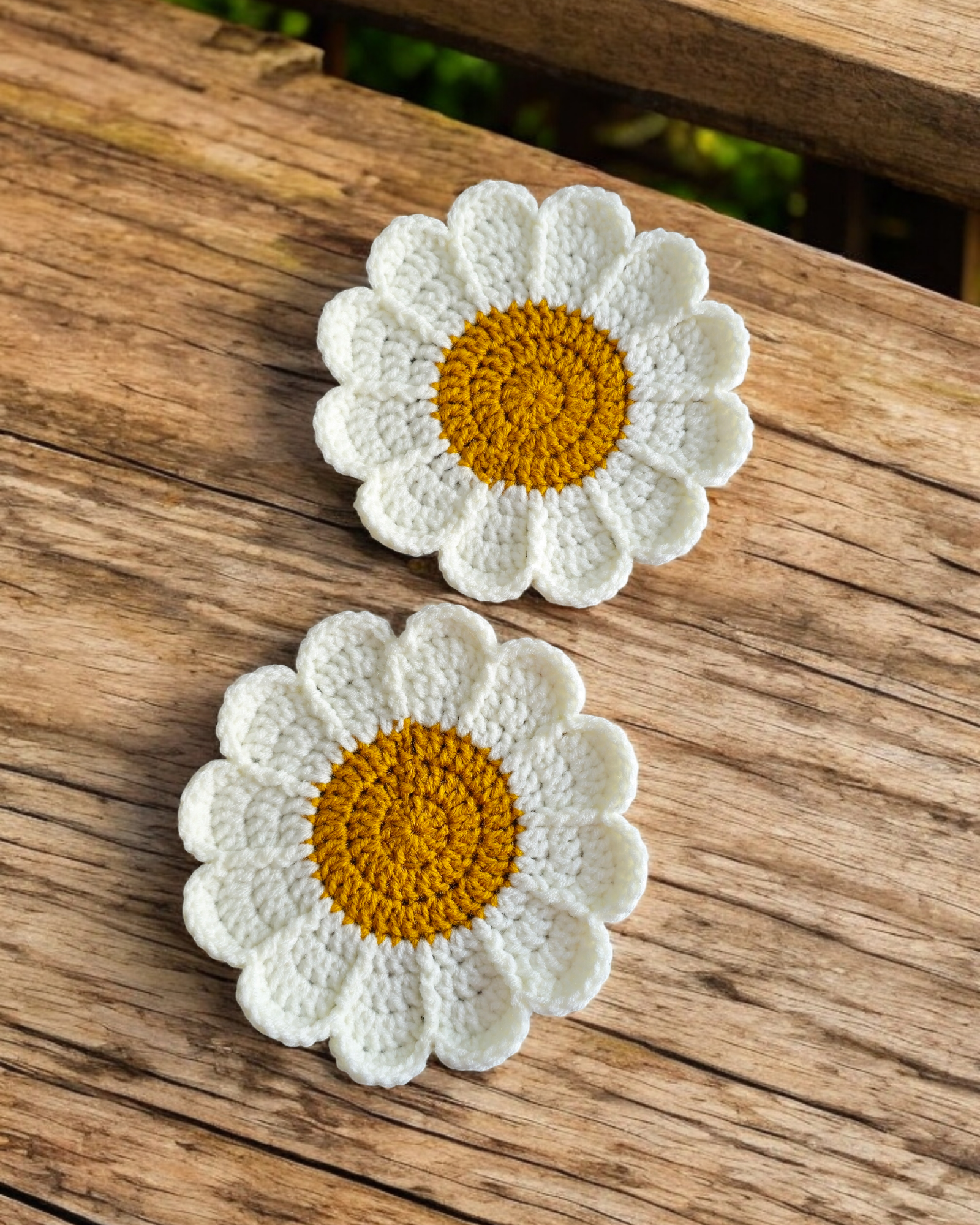 Crochet Coasters - Daisy Flower Design, Yellow & White, Handmade, Set of 2, 7-Inch Diameter