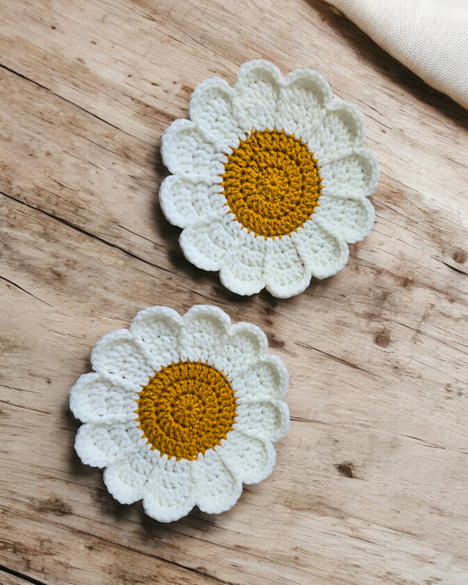 Crochet Coasters - Daisy Flower Design, Yellow & White, Handmade, Set of 2, 7-Inch Diameter