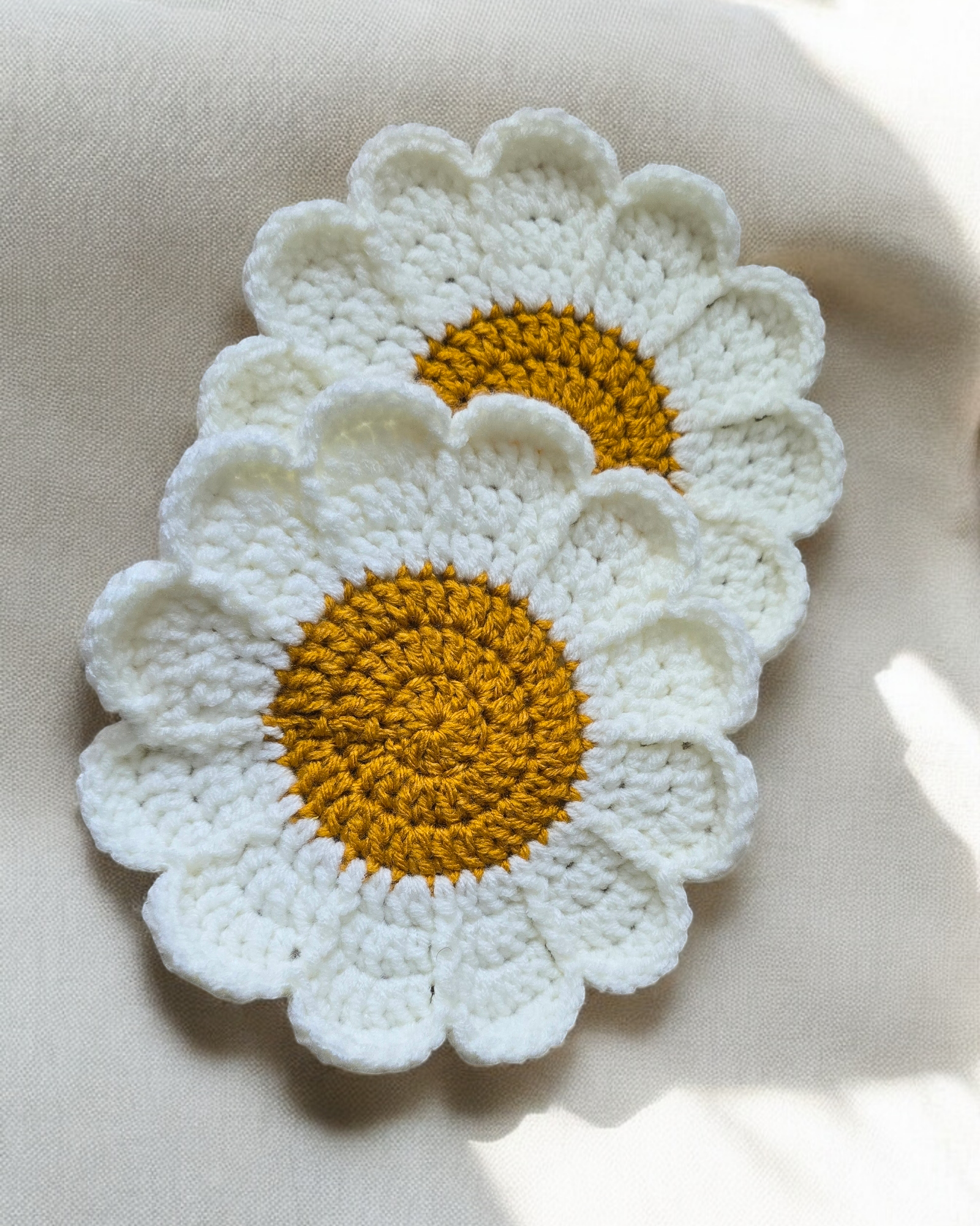 Crochet Coasters - Daisy Flower Design, Yellow & White, Handmade, Set of 2, 7-Inch Diameter