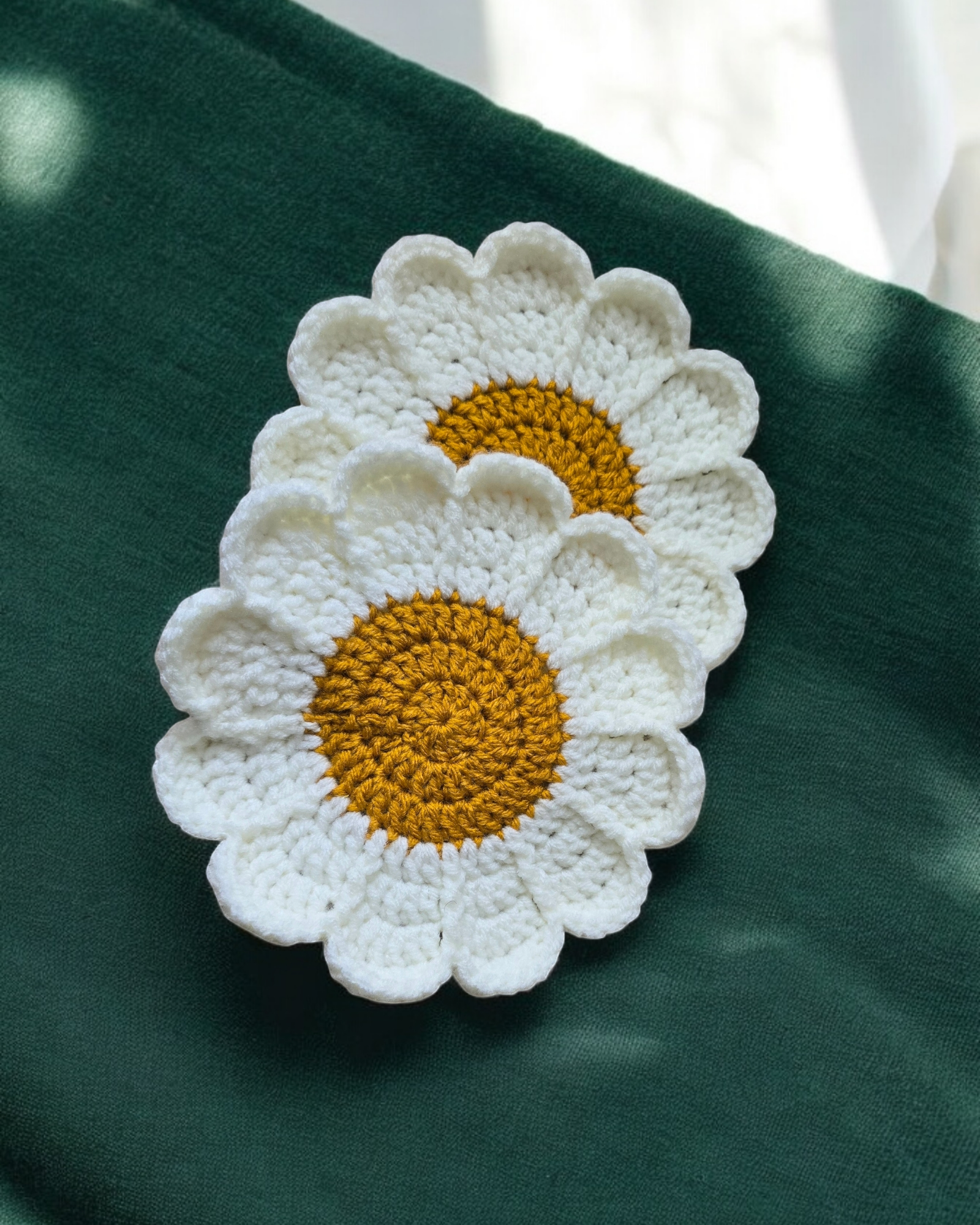 Crochet Coasters - Daisy Flower Design, Yellow & White, Handmade, Set of 2, 7-Inch Diameter